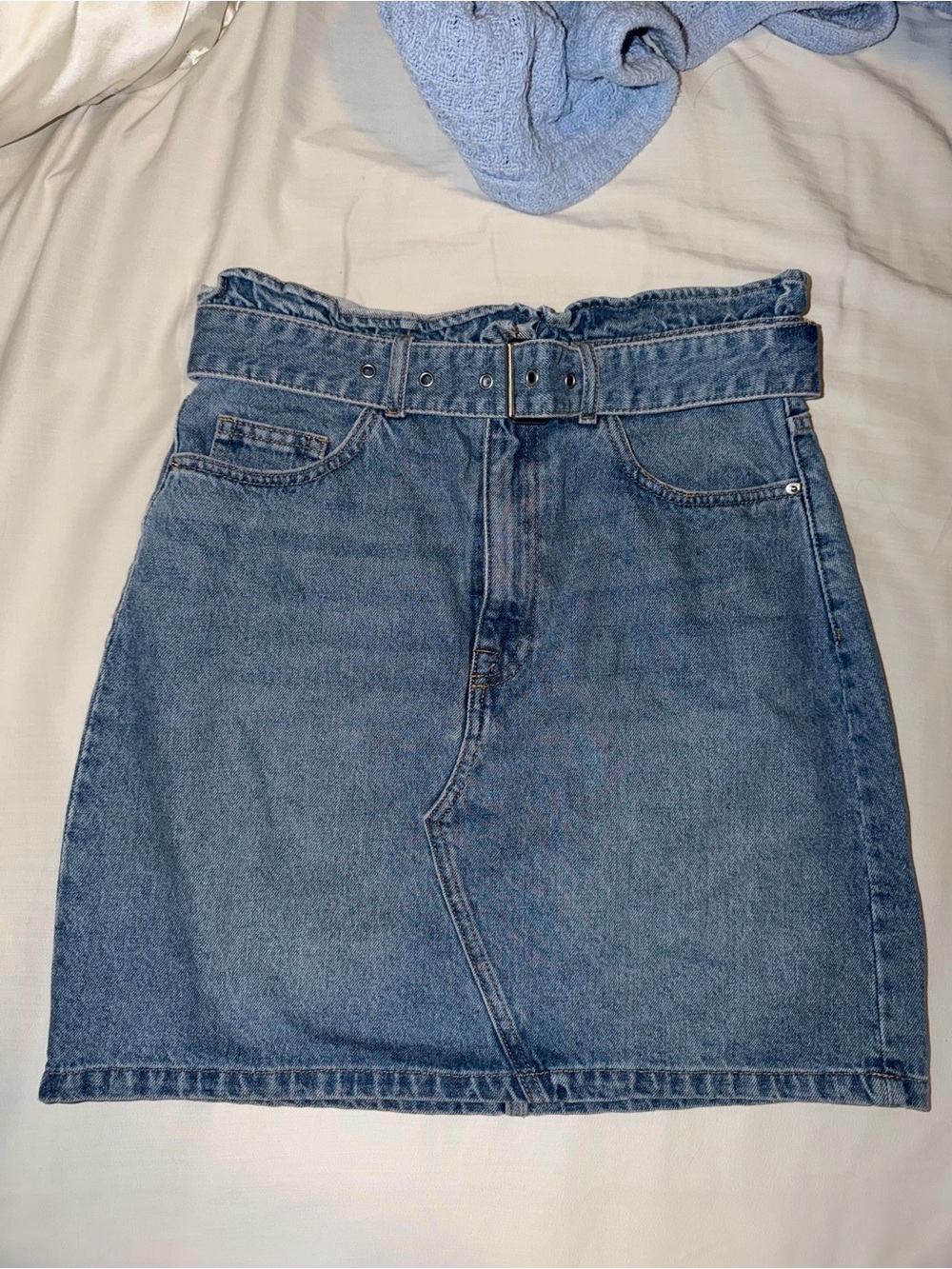 H&M Light Blue Denim Belted Mini Skirt